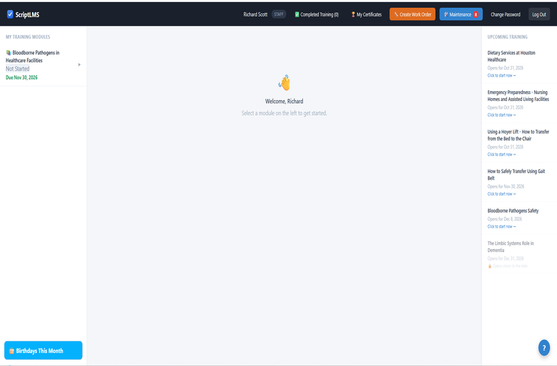 ScriptLMS staff training page as the Maintenance Director sees it, with their training modules and the Create Work Order and Maintenance buttons at the top